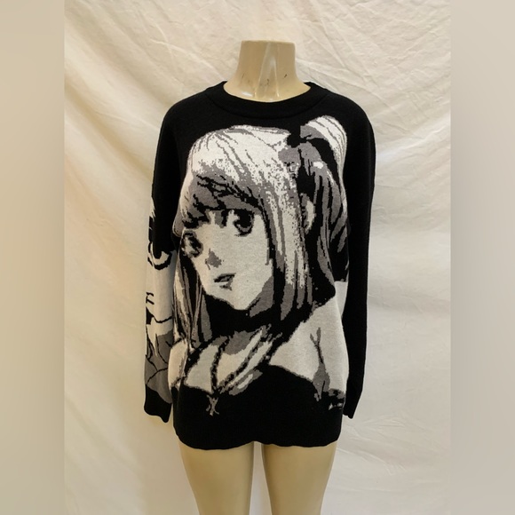 Black Air Unisex Size Large Black & White Knit Anime Crewneck Sweater - Picture 2 of 10
